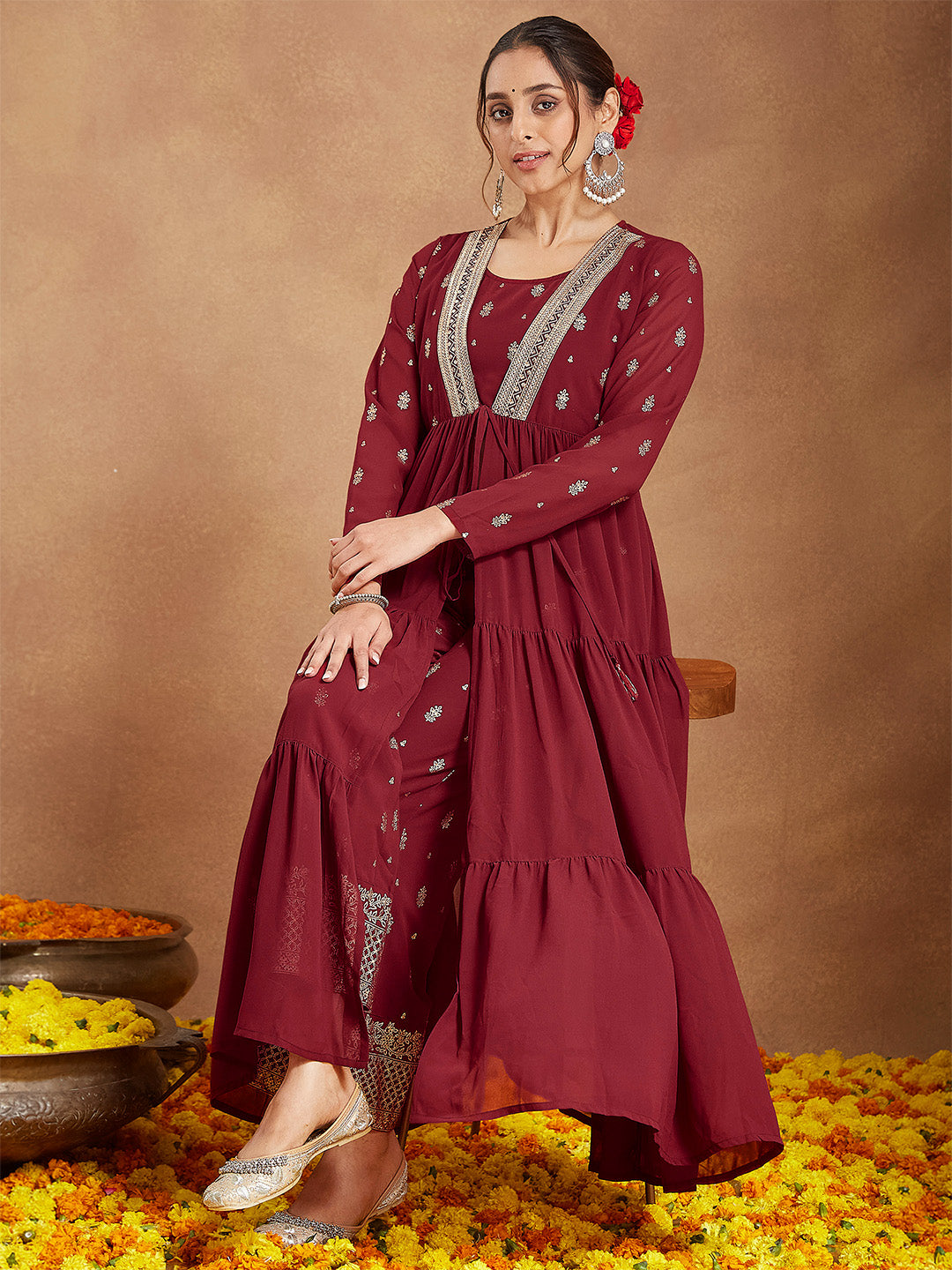 Janasya Women's Maroon Georgette Embellished Foil Printed Front-open Tiered Kurta Pant Set