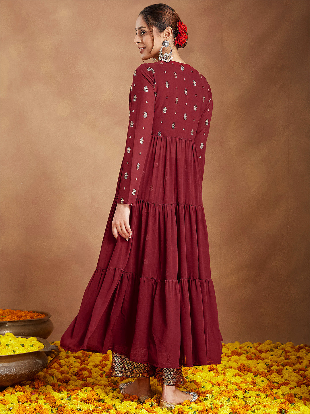 Janasya Women's Maroon Georgette Embellished Foil Printed Front-open Tiered Kurta Pant Set