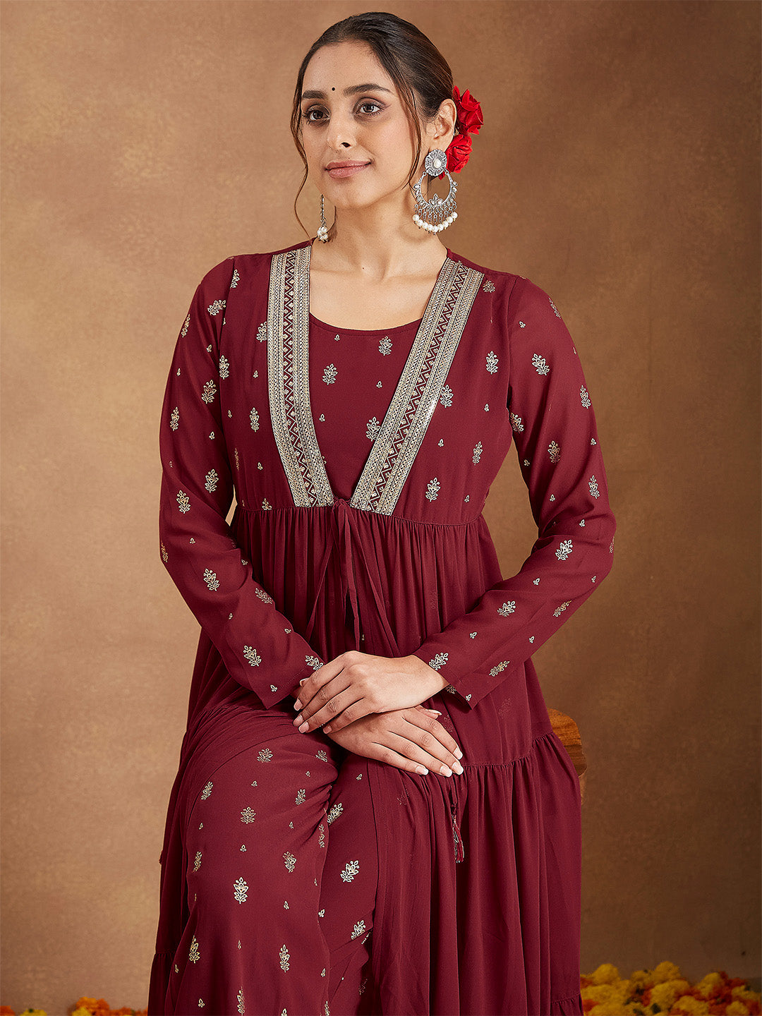 Janasya Women's Maroon Georgette Embellished Foil Printed Front-open Tiered Kurta Pant Set