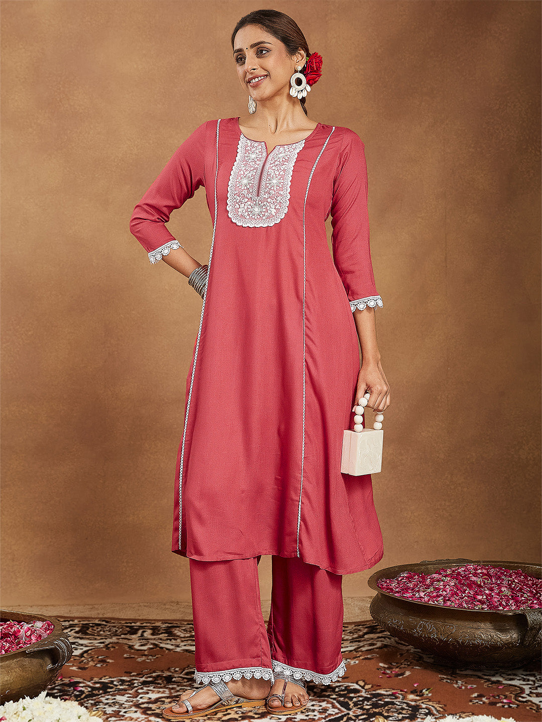Janasya Women's Rust Rayon Yoke Embroidered A-line Kurta With Palazzo Set