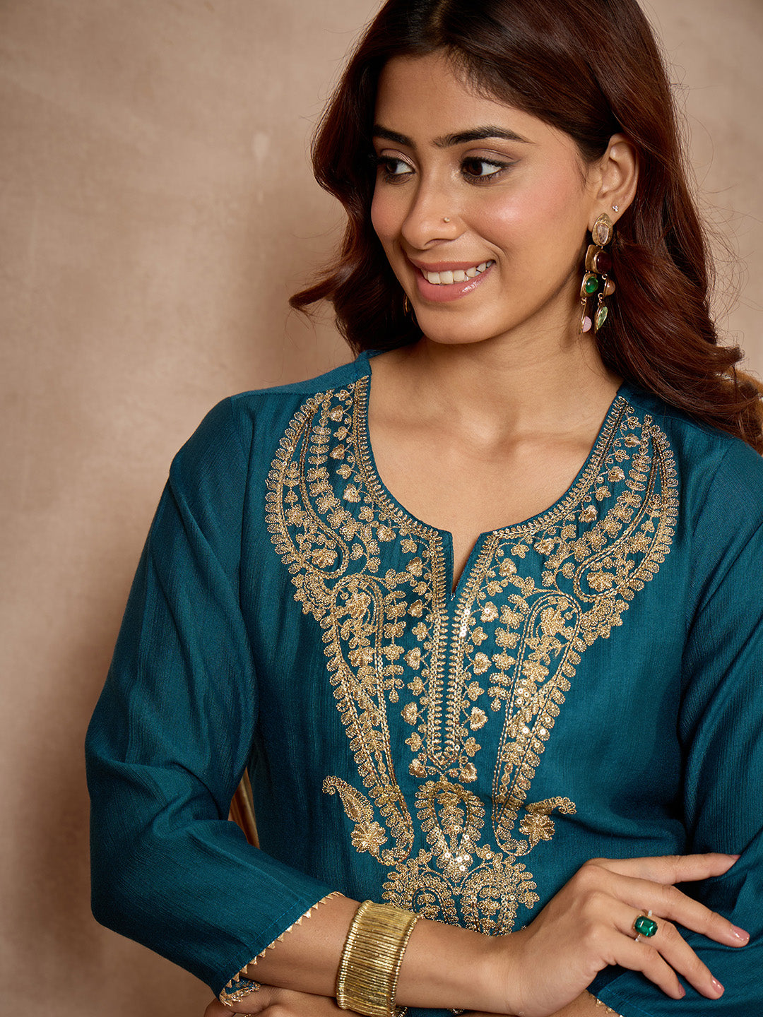 Janasya Women's Teal Blue Silk Blend Zari Paisley Embroidered Straight Kurta