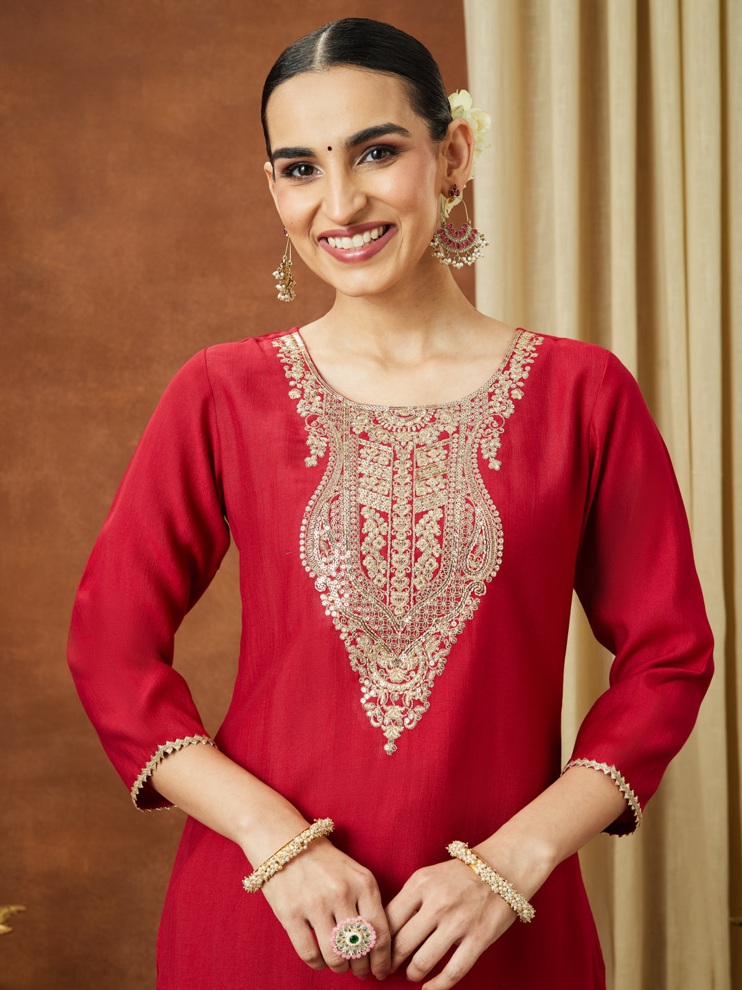 Janasya Women's Maroon Silk Blend Yoke Embroidered Straight Kurta