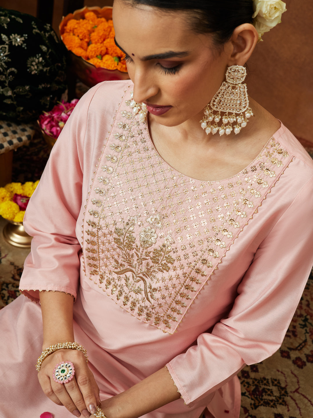 Janasya Women's Light Pink Chanderi Silk Yoke Embroidered Straight Kurta