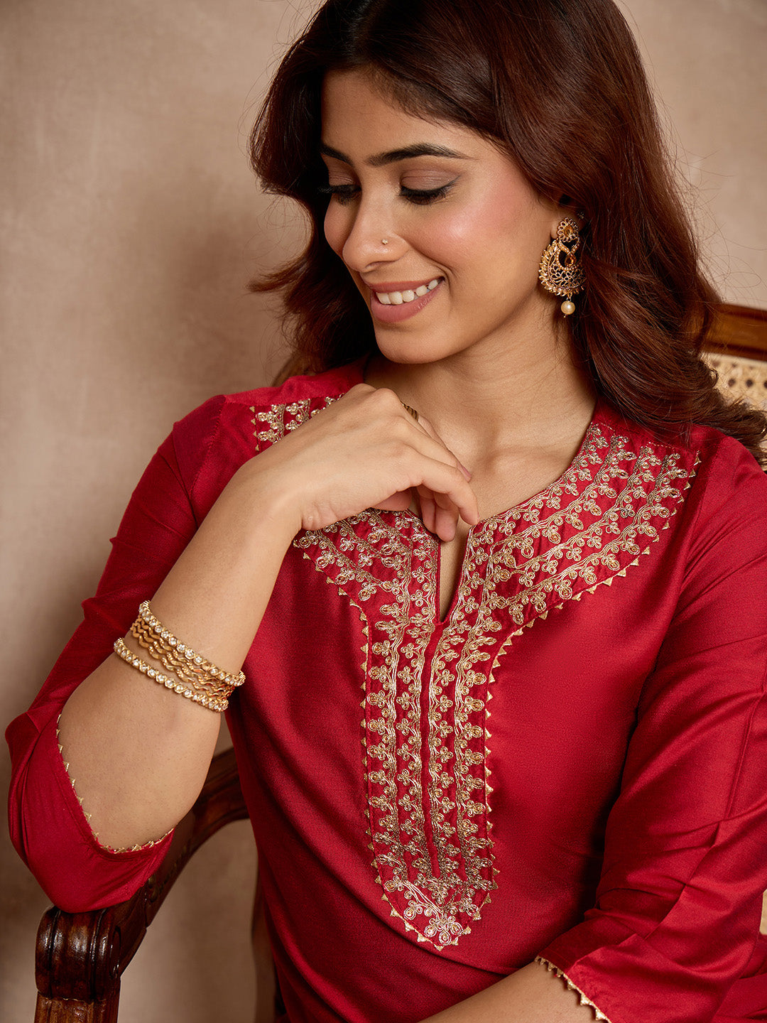 Janasya Women's Maroon Chanderi Silk Zari Yoke Embroidered Straight Kurta