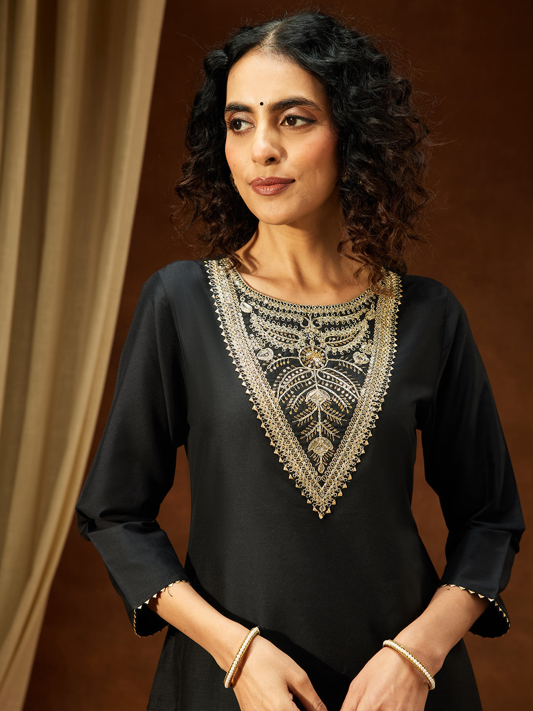 Janasya Women's Black Chanderi Silk Yoke Embroidered Straight Kurta