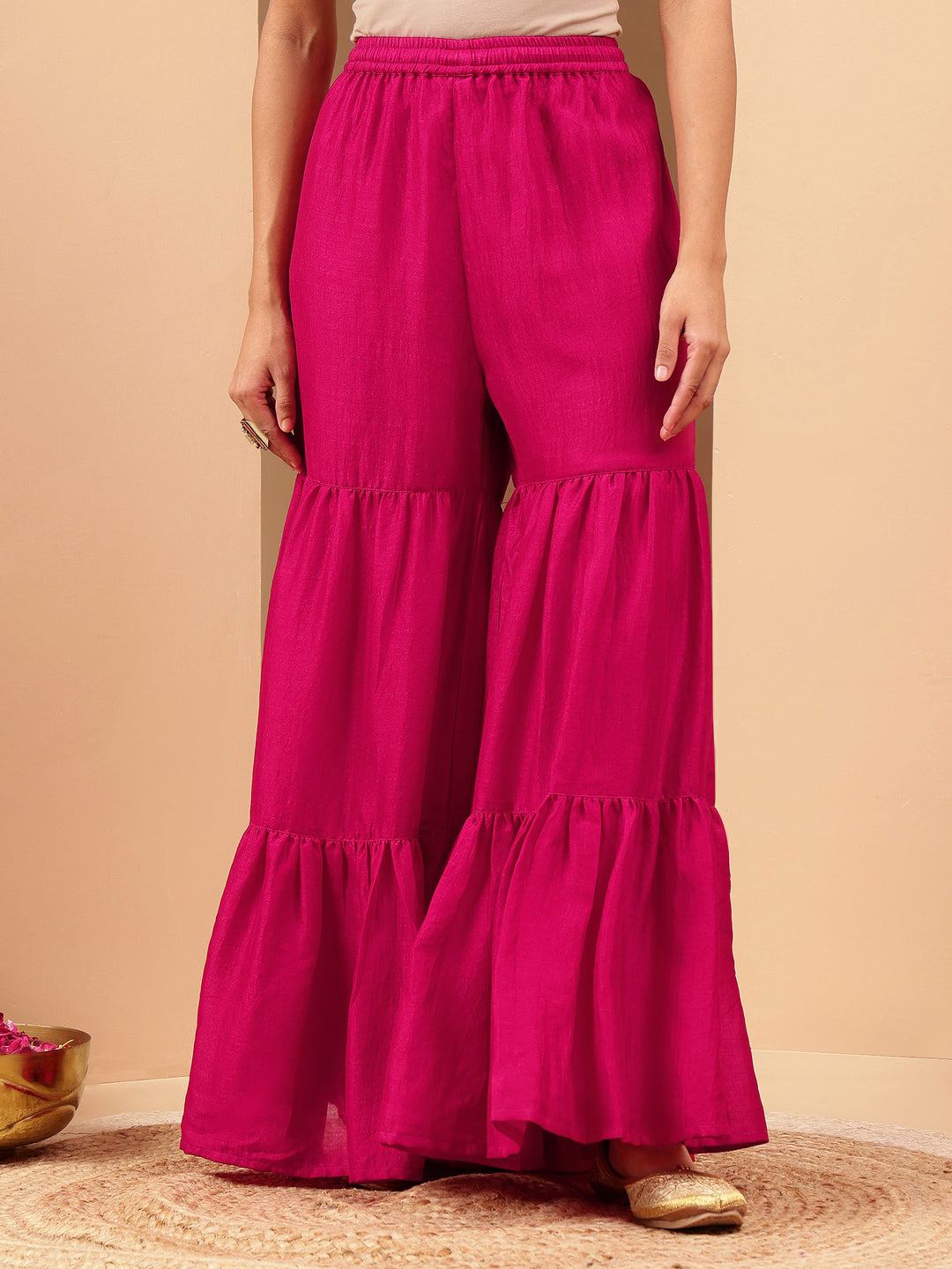 Janasya Women's Pink Silk Blend Zari Embroidered Straight Kurta With Sharara & Dupatta Set