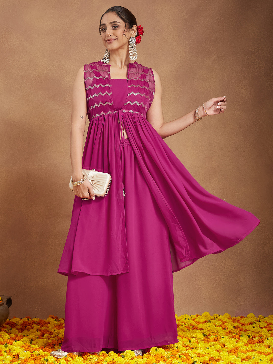 Janasya Women Pink Georgette Sequinned Front-slit Kurta With Crop Top & Palazzo Set