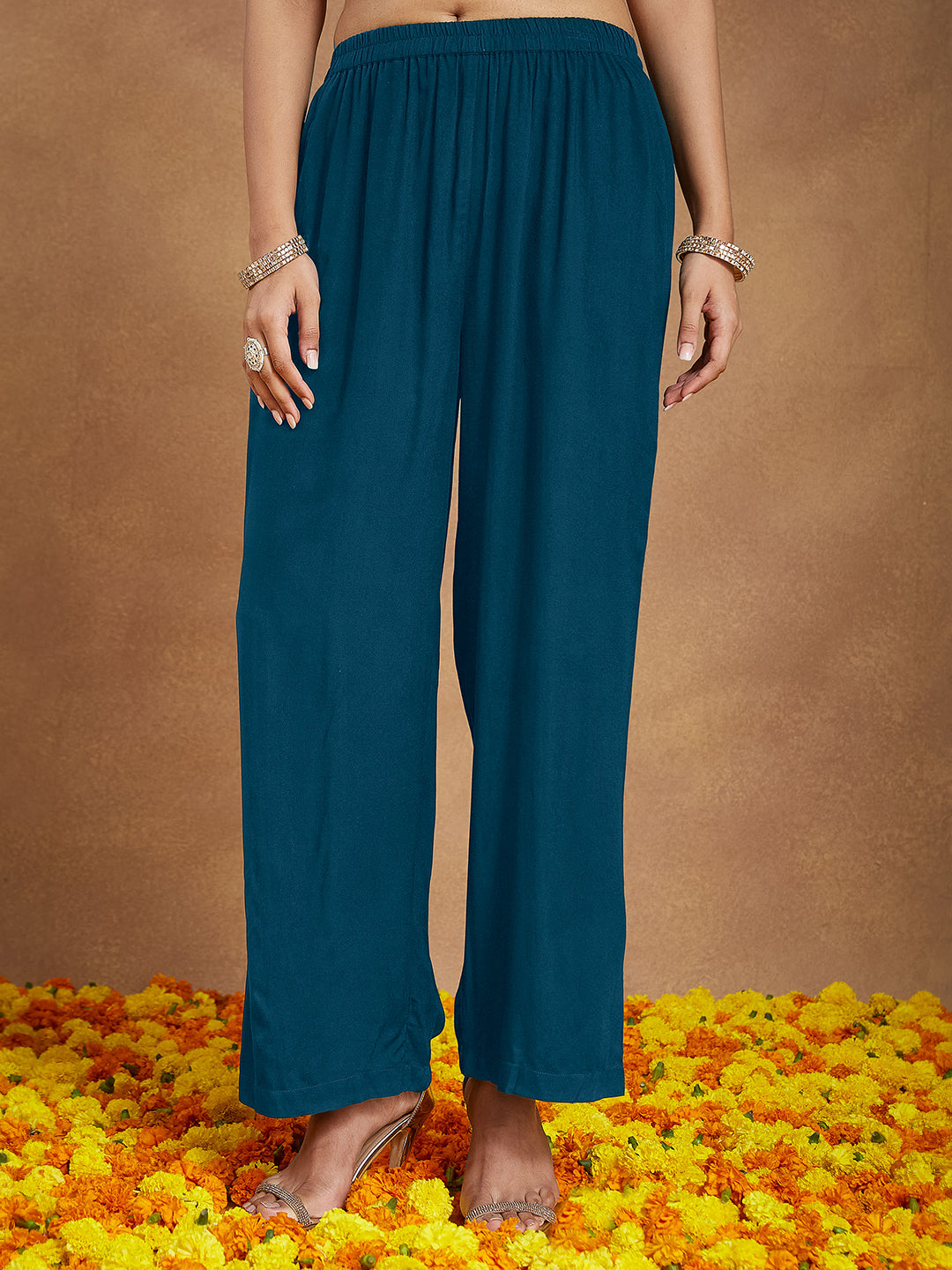 Janasya Women's Teal Blue Rayon Embellished Gold Printed Straight Kurta Set