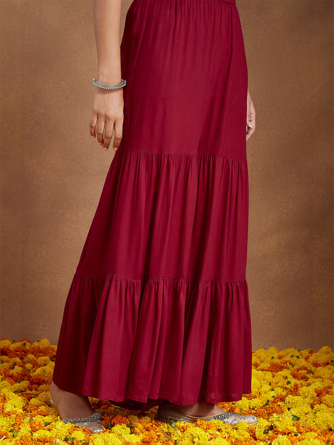 Janasya Women's Maroon Rayon Foil Printed Embellished A-line Kurta With Sharara & Dupatta Set