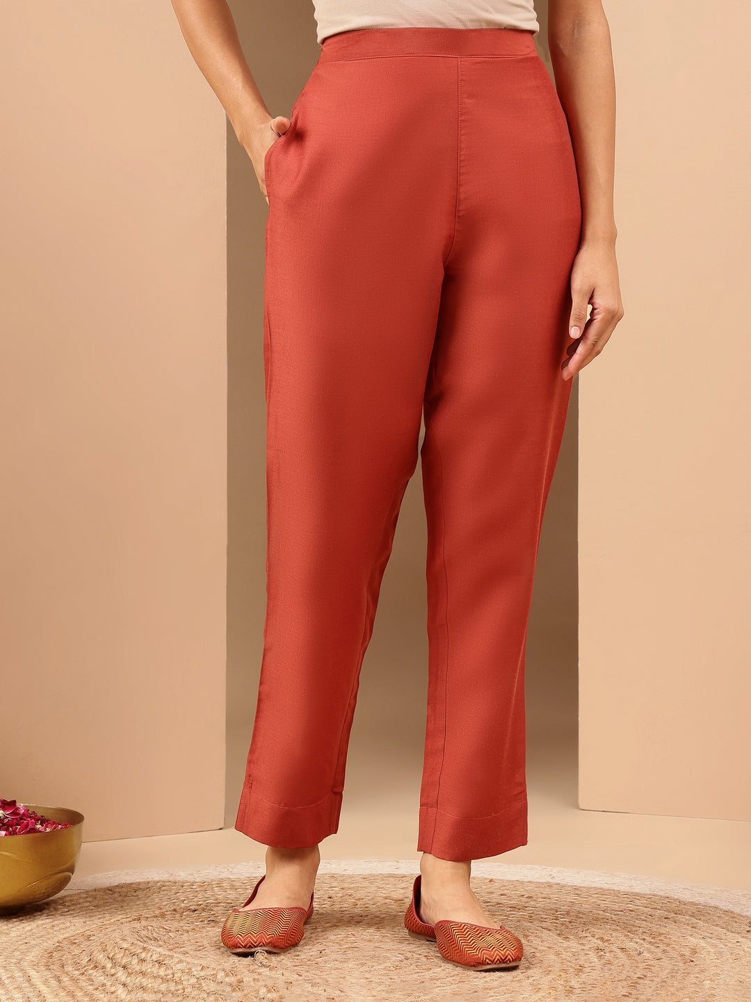 Janasya Women's Rust Silk Blend Ethnic Gold Printed Straight Kurta Set