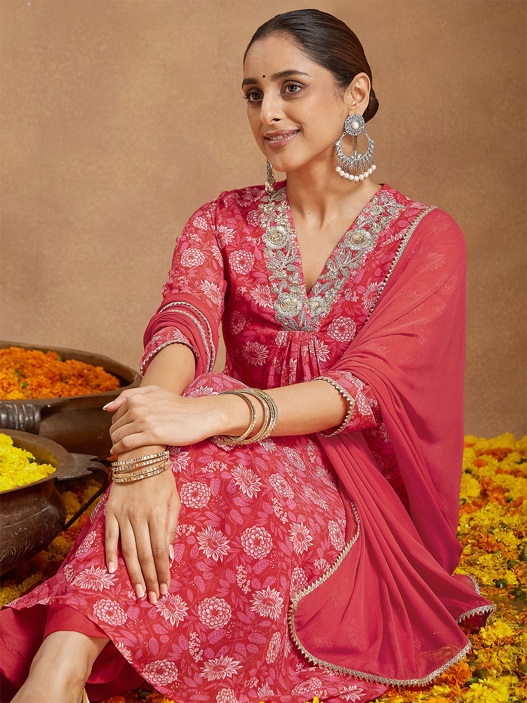 Janasya Women's Red Georgette Embellished Floral Printed A-line Kurta Set