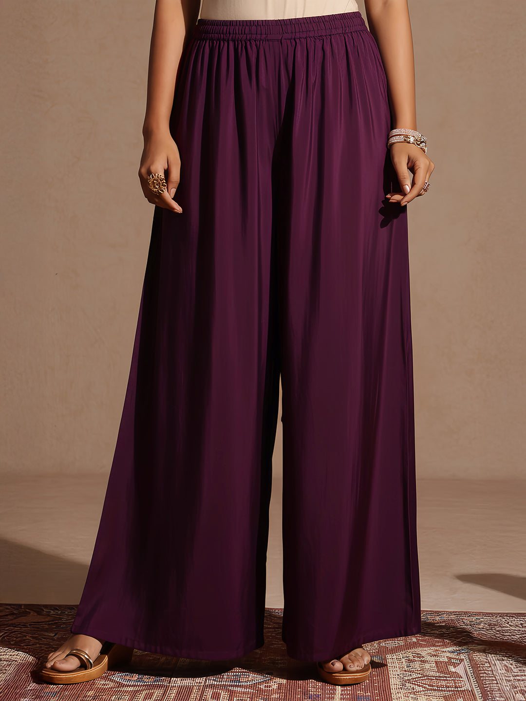 Janasya Women's Purple Chanderi Silk Embellished Gold Printed Kurta With Sharara & Dupatta Set