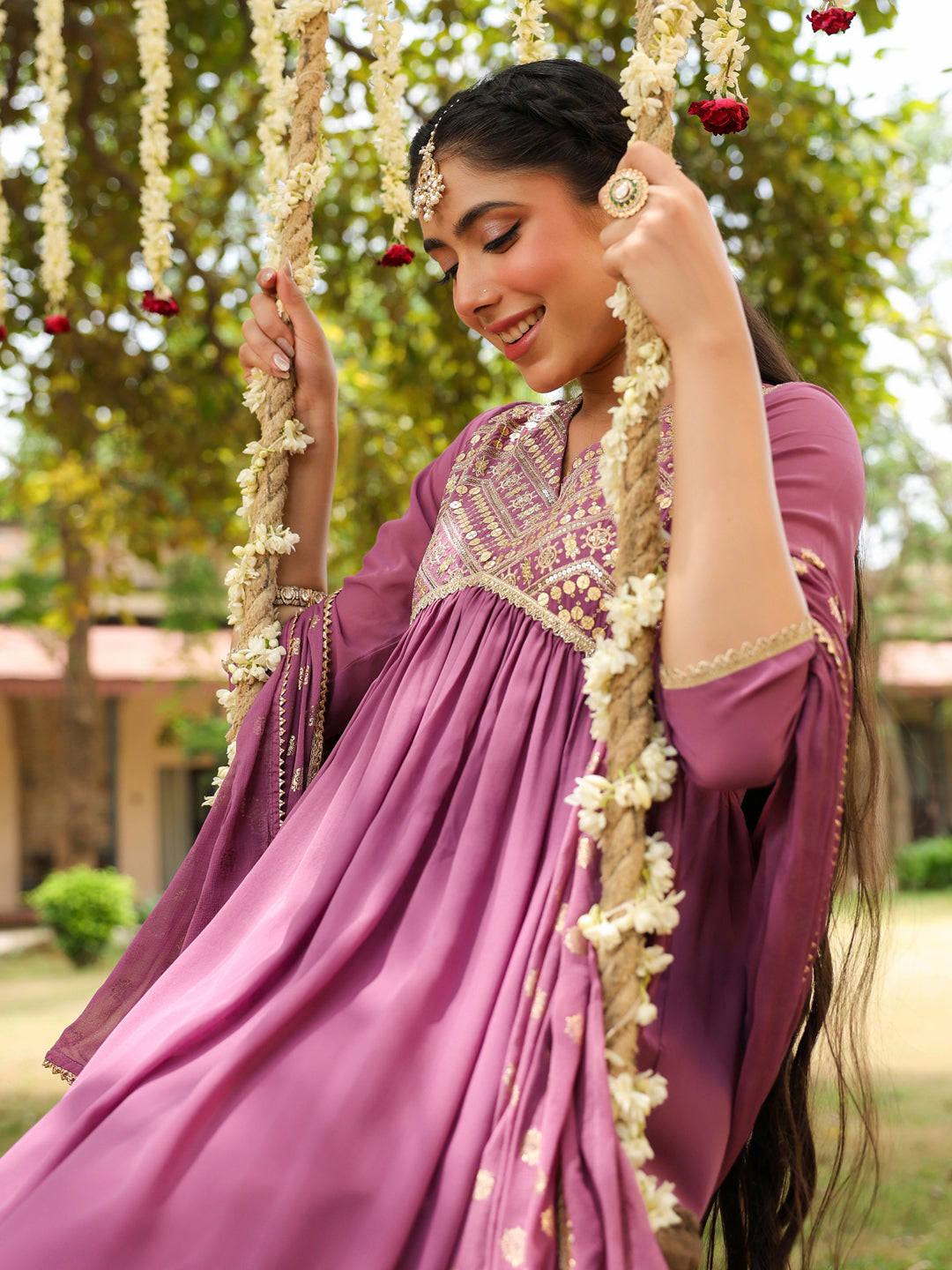 Janasya Women's Lavender Georgette Embellished A-line Kurta With Palazzo & Dupatta Set