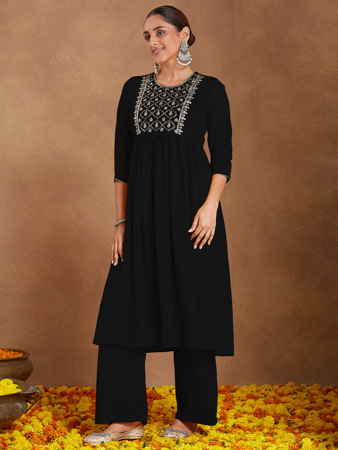 Janasya Women's Black Georgette Zari Yoke Embroidered A-line Kurta With Palazzo & Dupatta Set