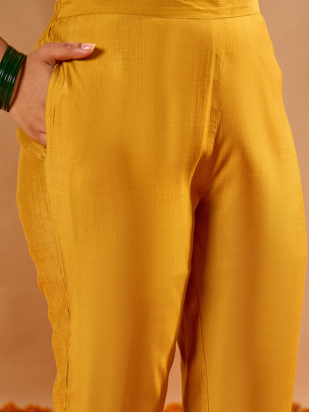Janasya Women's Mustard Yellow Silk Blend Floral Zari Yoke Embroidered Straight Kurta Set