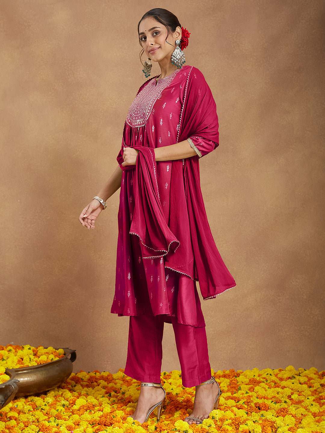 Janasya Women's Pink Silk Blend Zari Yoke Embroidered Gold Printed A-line Kurta Set With Dupatta