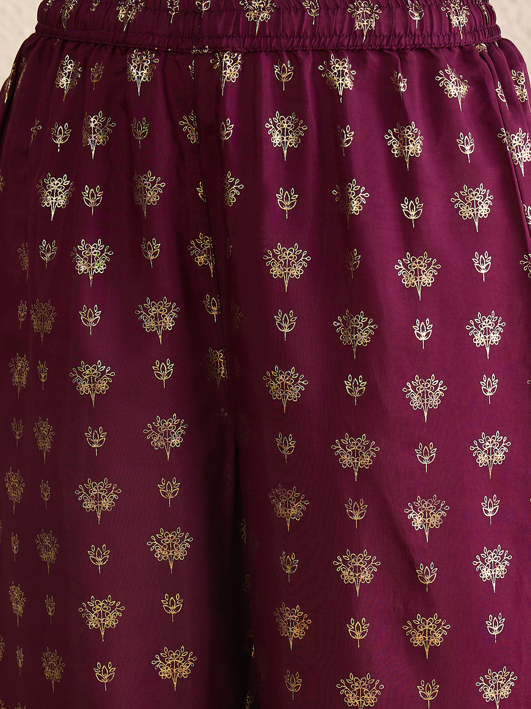 Janasya Women's Wine Chanderi Silk Floral Zari Yoke Embroidered Gold Printed Straight Kurta Set