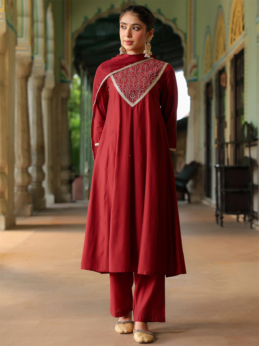Janasya Women's Maroon Chanderi Silk Embroidered Anarkali Kurta Set