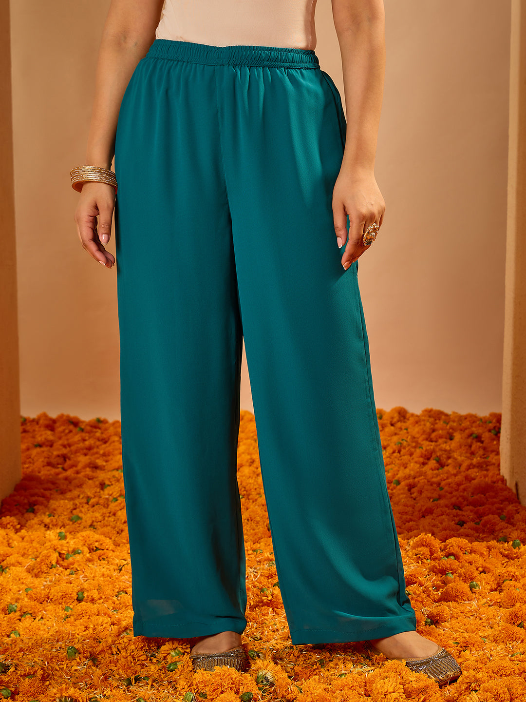 Janasya Women's Sea Green Georgette Embellished Straight Kurta with Palazzo and Dupatta Set
