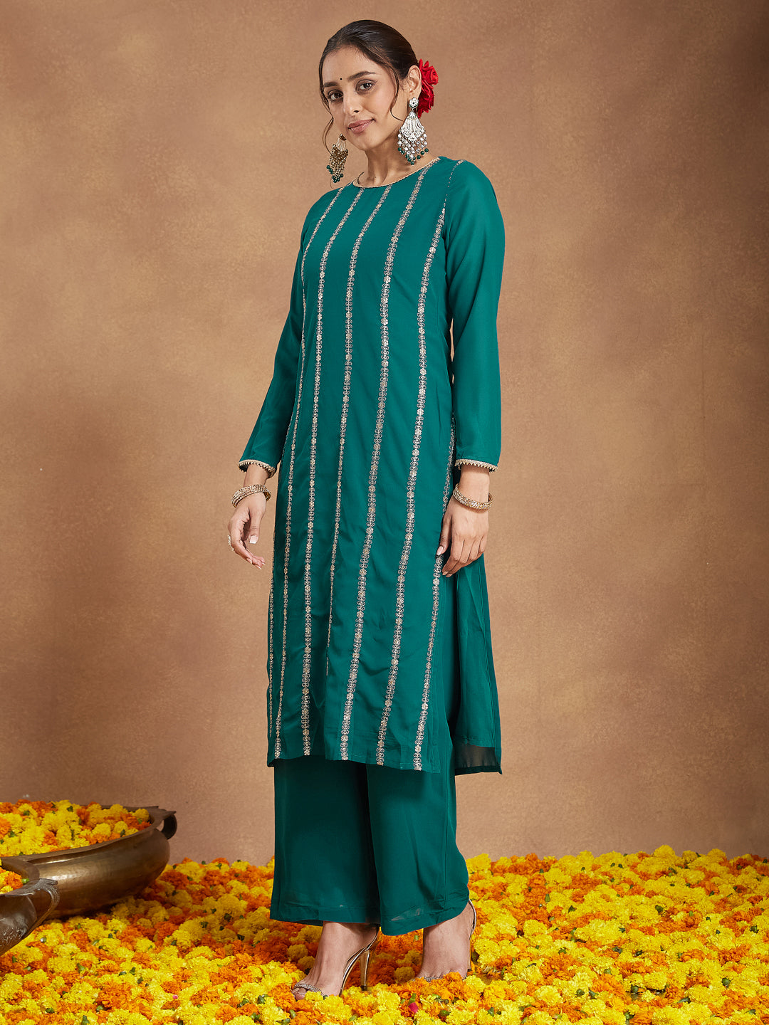 Janasya Women's Sea Green Georgette Embellished Straight Kurta With Palazzo & Dupatta Set