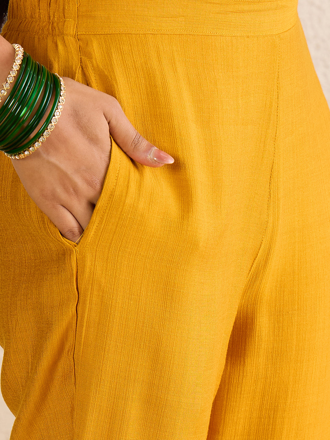 Janasya Women's Mustard Yellow Silk Blend Floral Yoke Embroidered Straight Kurta Set