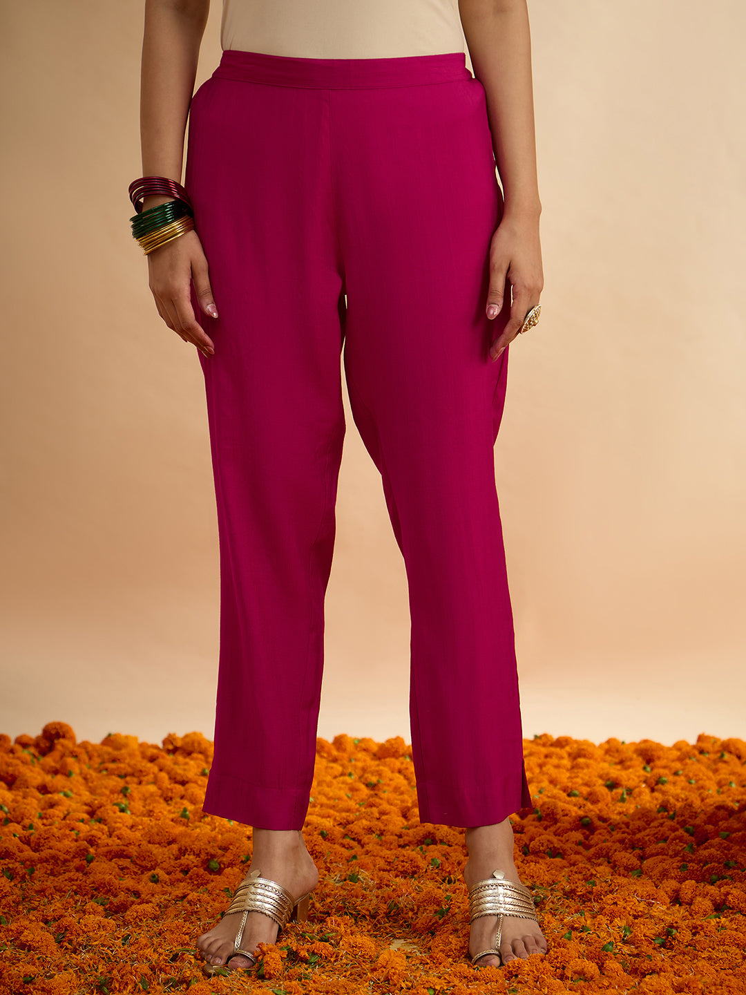 Janasya Women's Pink Silk Blend Floral Zari Yoke Embroidered A-line Kurta Set