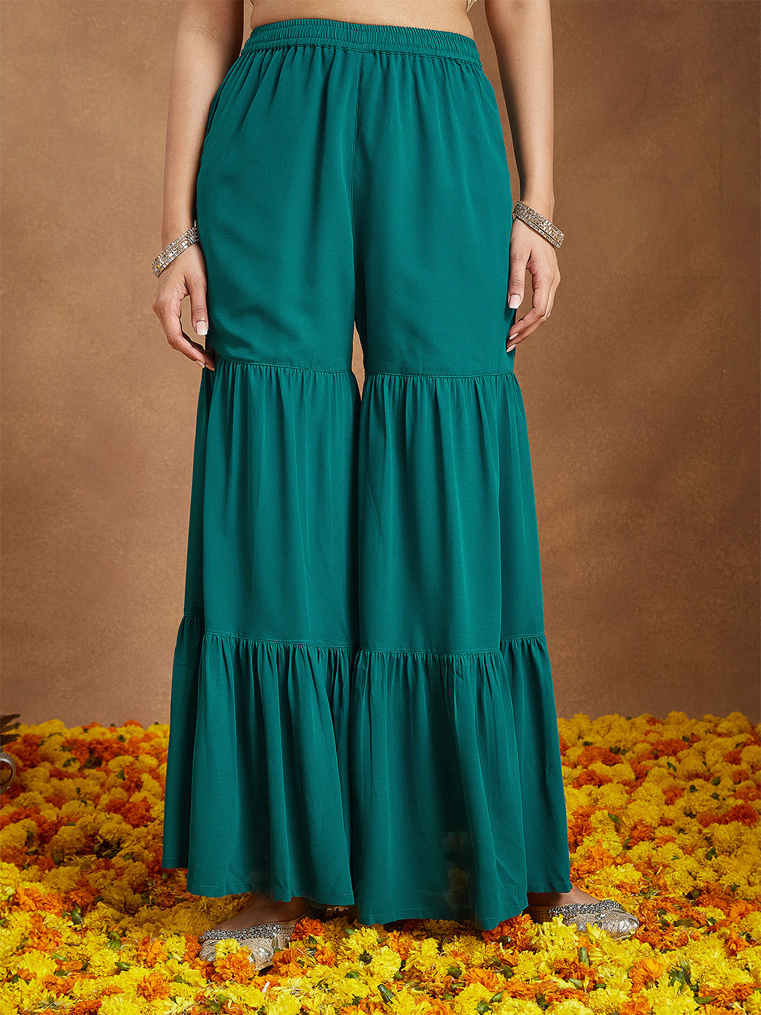 Janasya Women's Teal Green Georgette Embellished Foil Printed Straight Kurta With Sharara & Dupatta