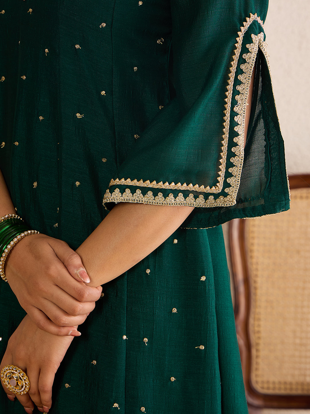 Janasya Women's Dark Green Silk Blend Floral Zari Embroidered Anarkali Kurta Set