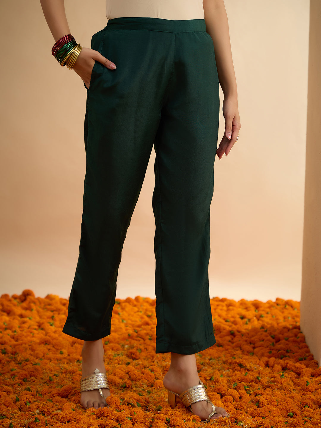 Janasya Women's Bottle Green Silk Blend Floral Zari Embroidered Straight Kurta Set