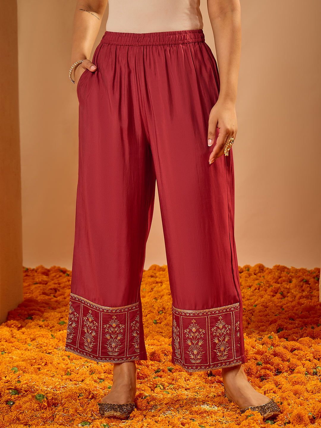 Janasya Women's Maroon Chanderi Silk Zari Embroidered Straight Kurta Set