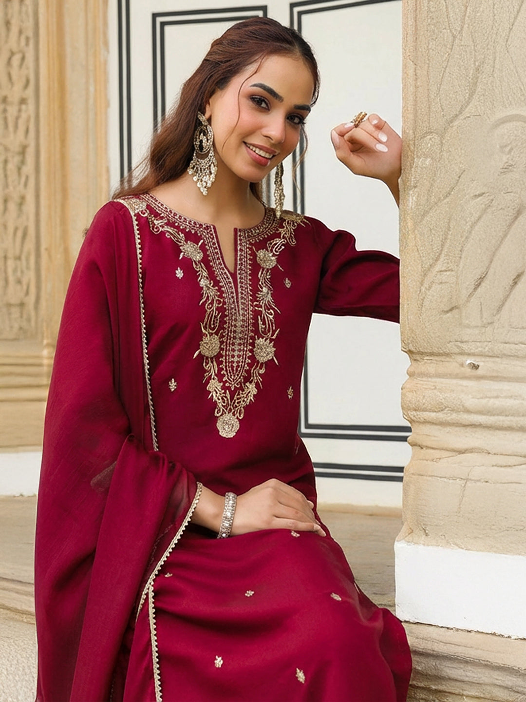 Janasya Women's Maroon Chanderi Silk Zari Embroidered Straight Kurta With Palazzo & Dupatta Set