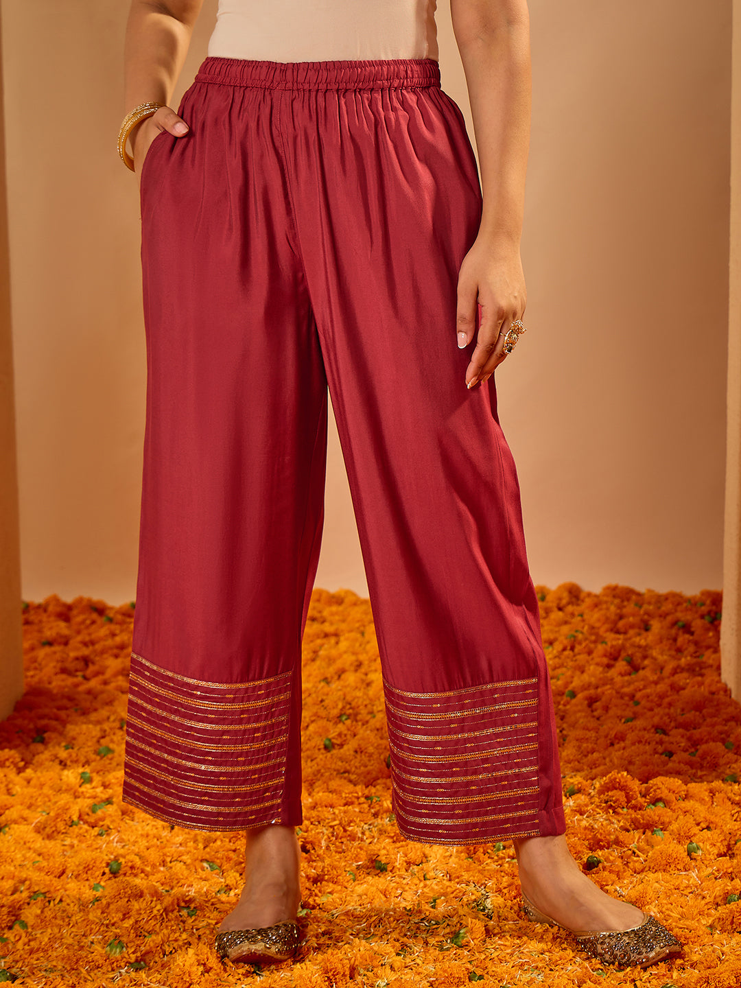 Janasya Women's Maroon Chanderi Silk Floral Zari Embroidered Straight Kurta Set