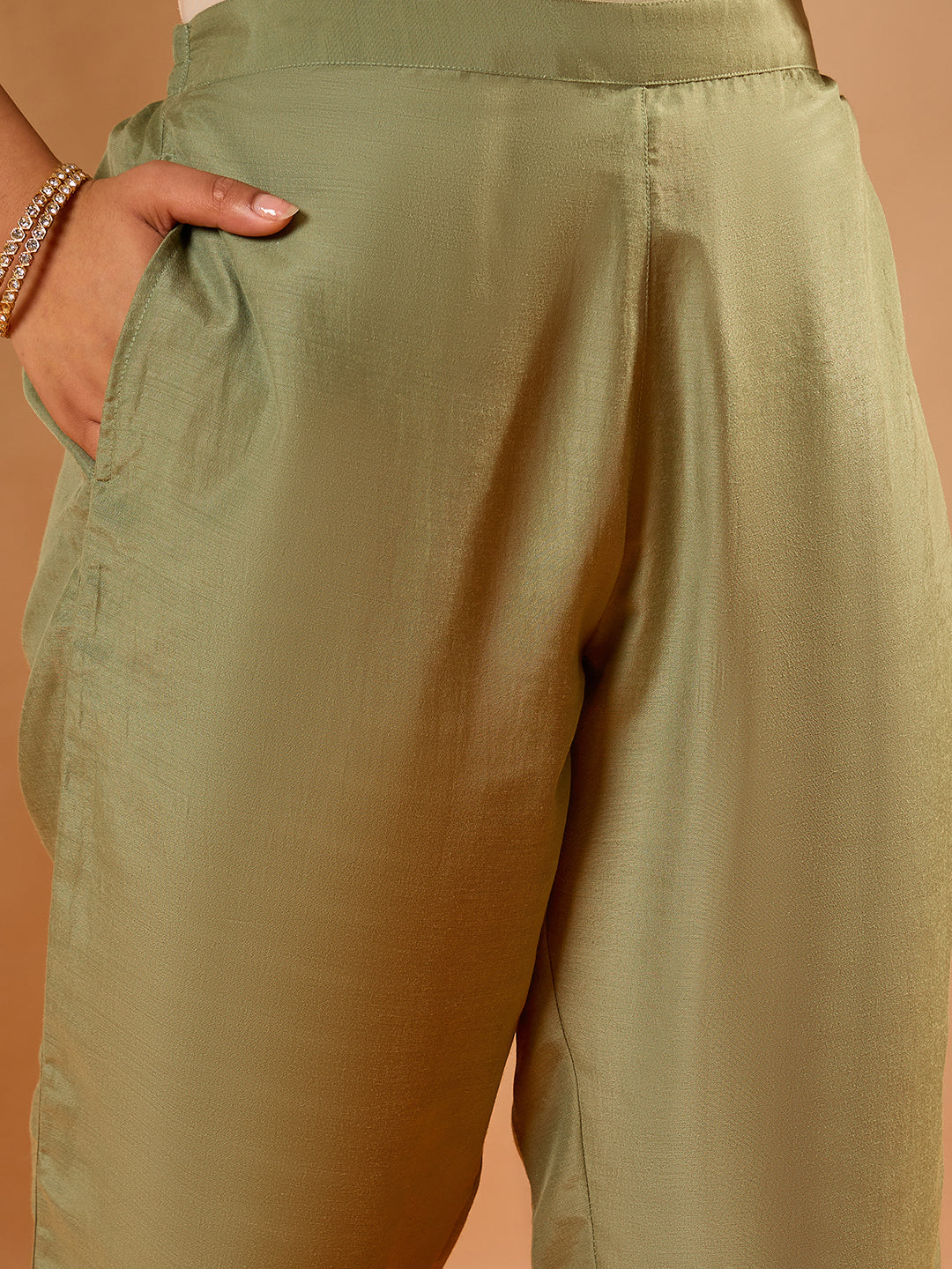 Janasya Women's Sage Green Silk Blend Floral Zari Embroidered Straight Kurta Set