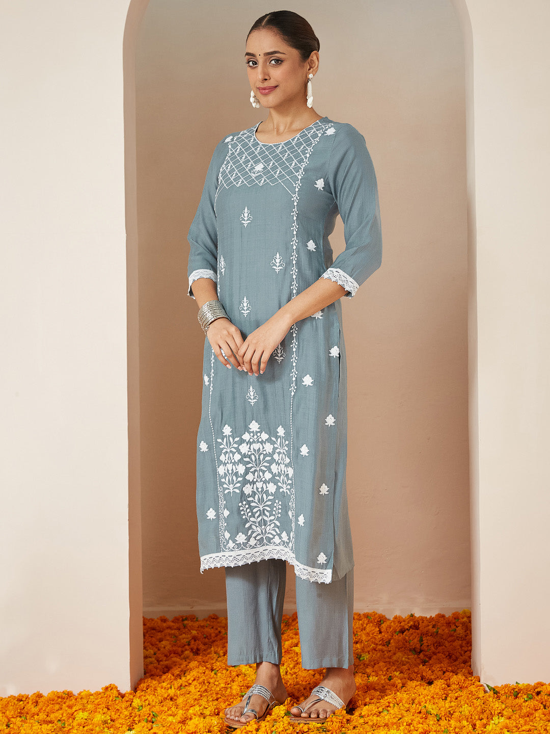 Janasya Women's Powder Blue Silk Blend Embroidered Straight Kurta Set