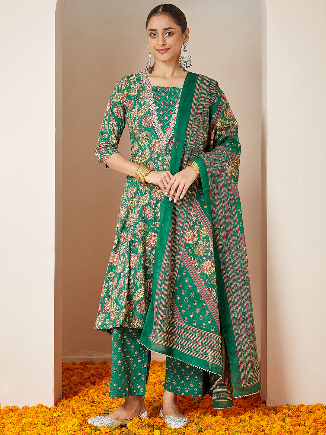 Janasya Women's Dark Green Pure Cotton Floral Printed Yoke Embroidered A-line Kurta Set