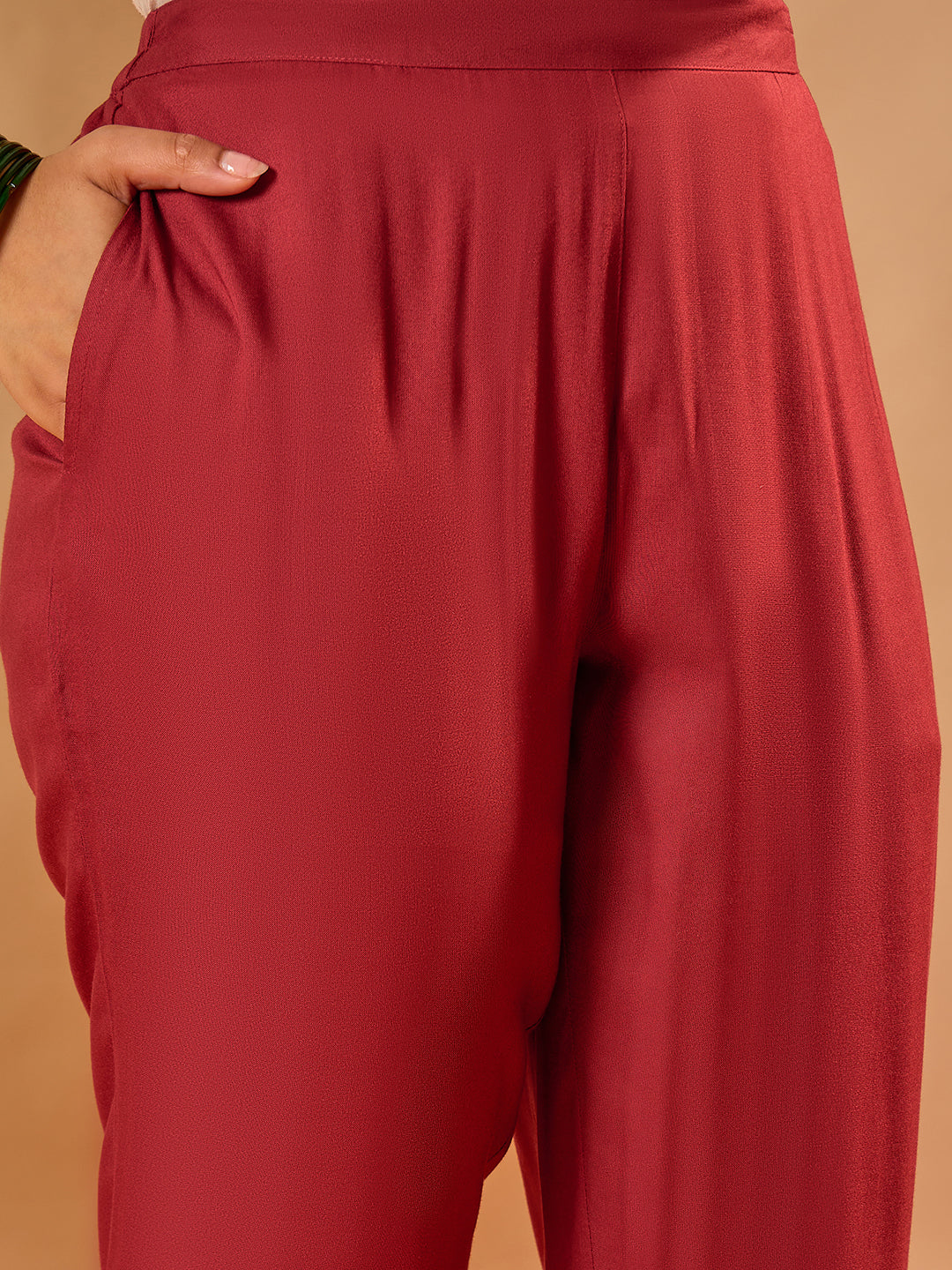 Janasya Women's Maroon Rayon Yoke Embroidered Sequinned Straight Kurta Set