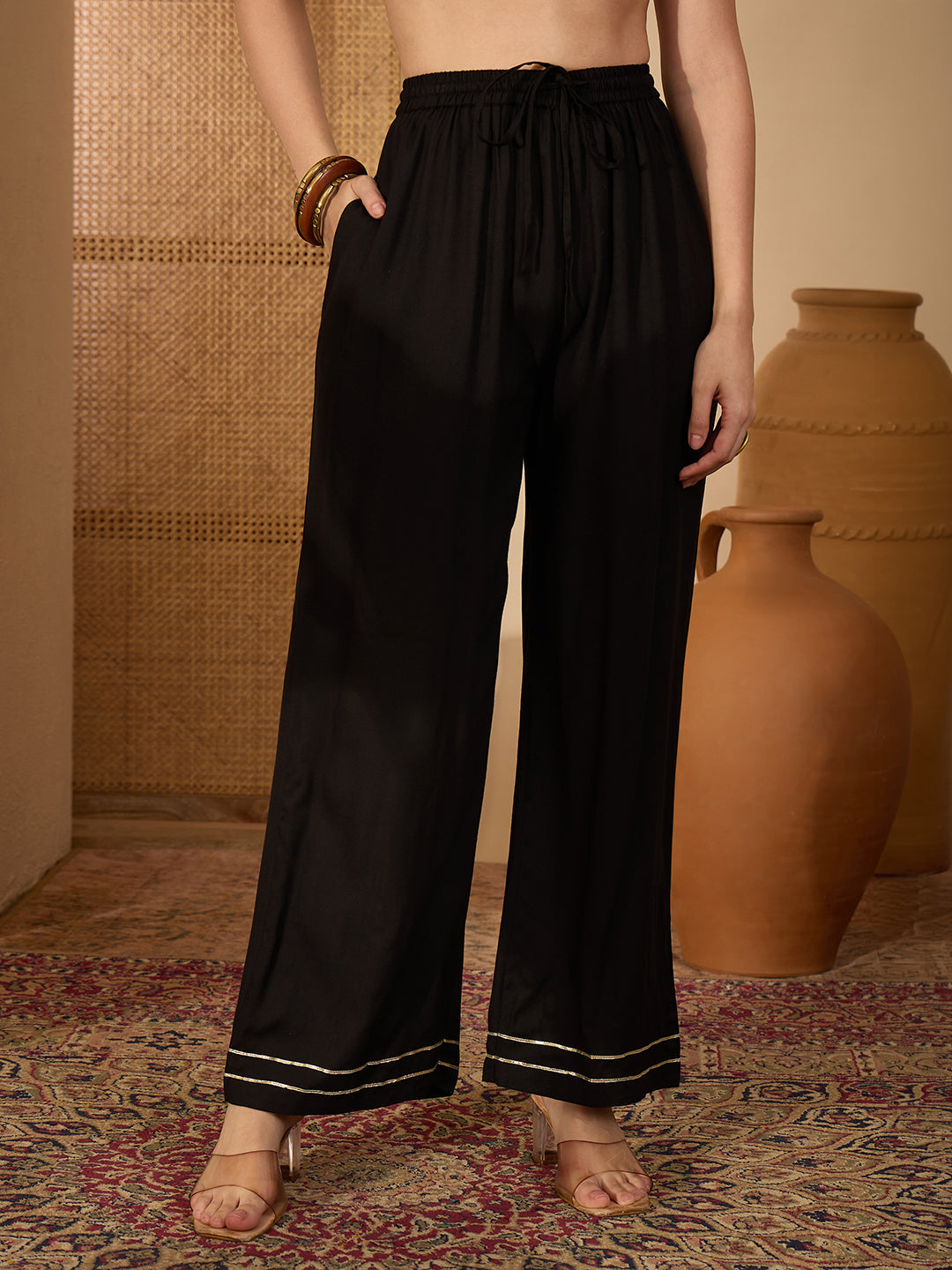 Janasya Women's Black Rayon Ajrakh Printed Straight Kurta Set