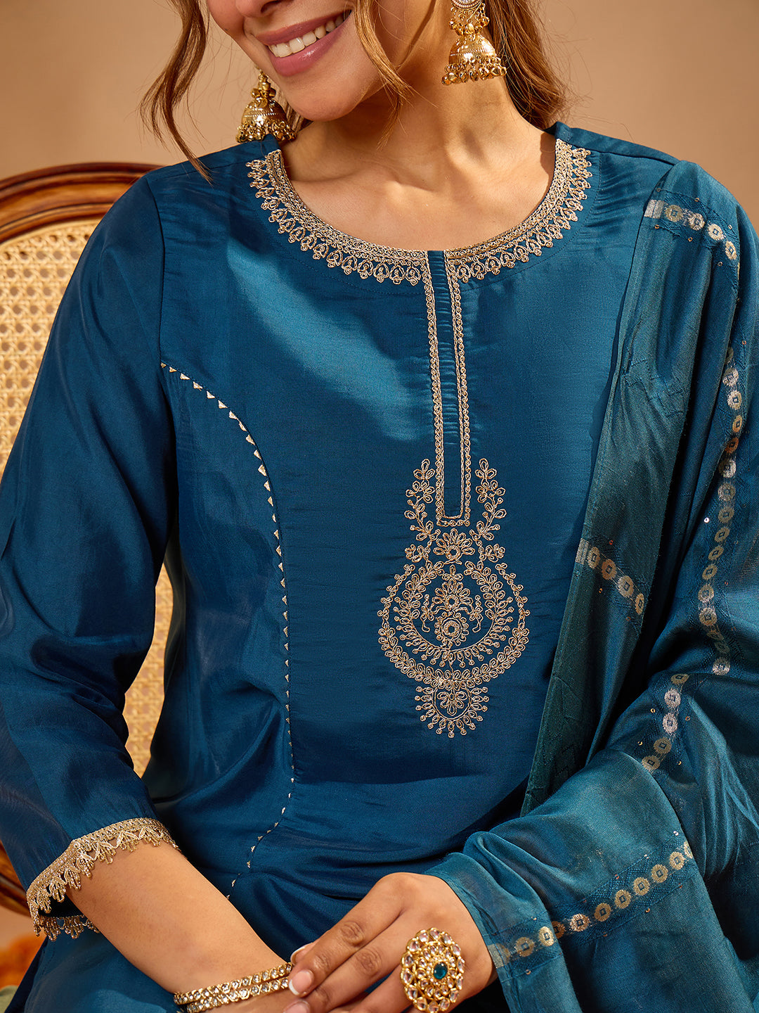 Janasya Women's Teal Blue Chanderi Silk Yoke Floral Embroidered Straight Kurta Set with Jacquard Dupatta
