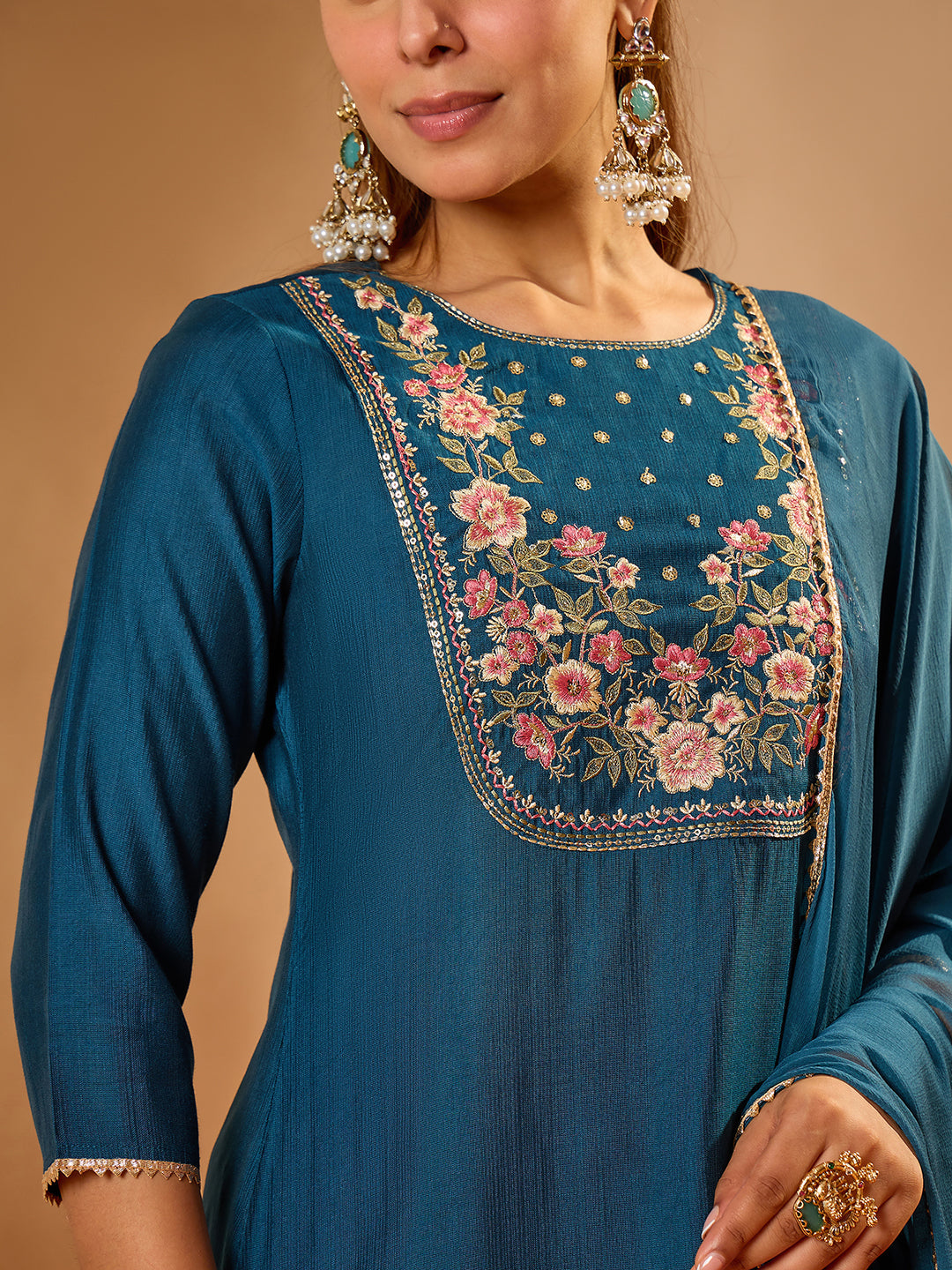 Janasya Women's Teal Blue Silk Blend Floral Yoke Embroidered Straight Kurta Set