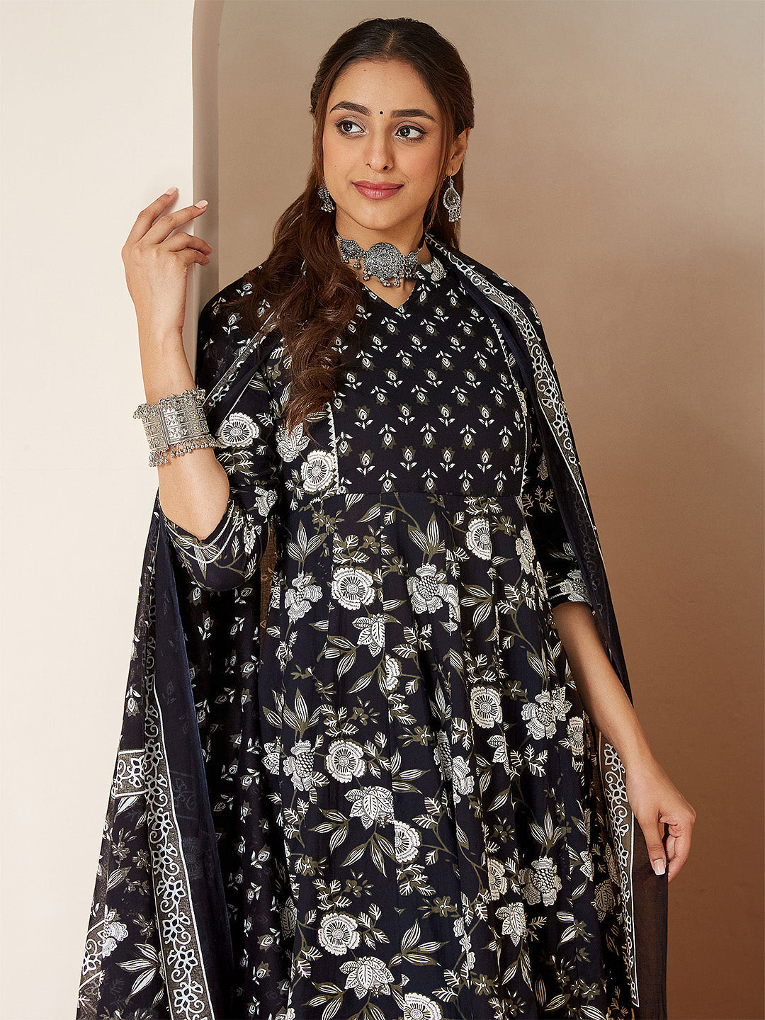 Janasya Women's Black Pure Cotton Floral Printed Anarkali Kurta Set
