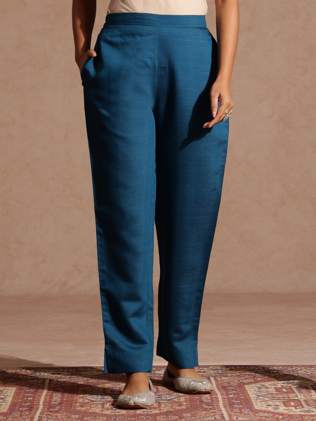 Janasya Women's Teal Blue Silk Blend Yoke Embroidered Straight Kurta Set