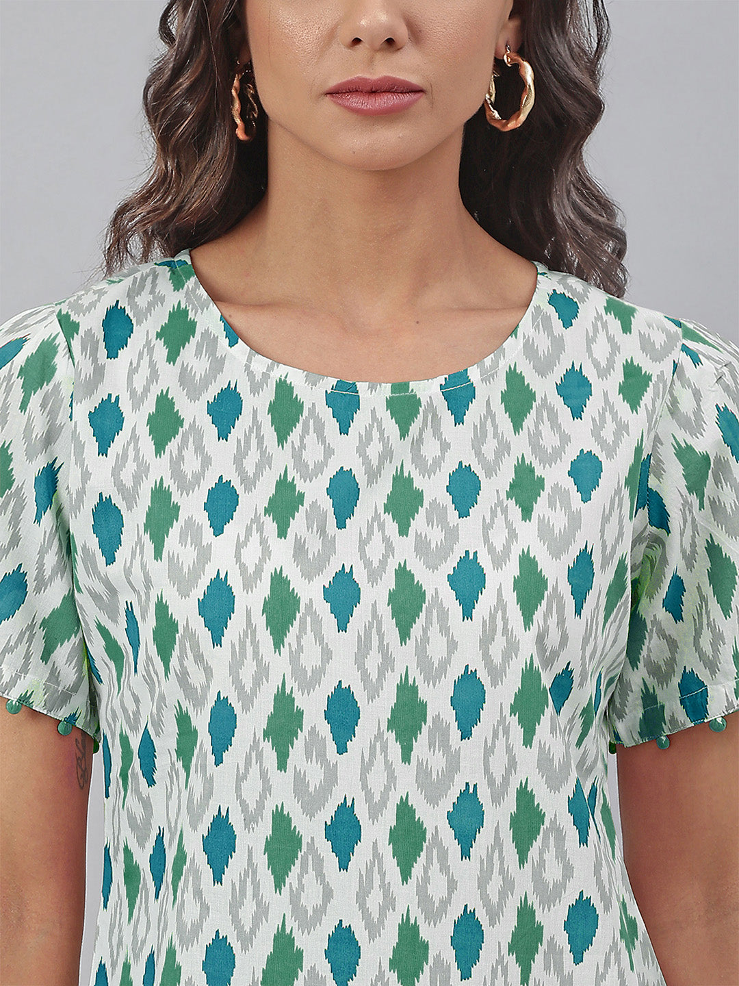White Pure Cotton Ikkat Printed A-Line Dress