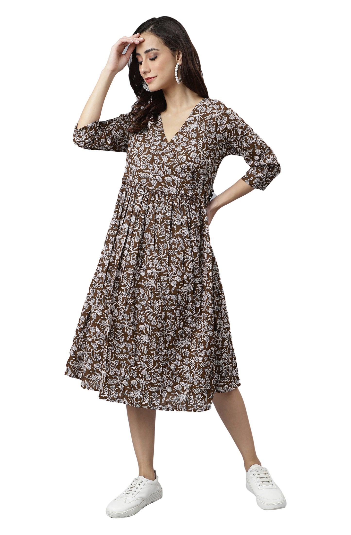 Brown Pure Cotton Floral Printed Angrakha Dress