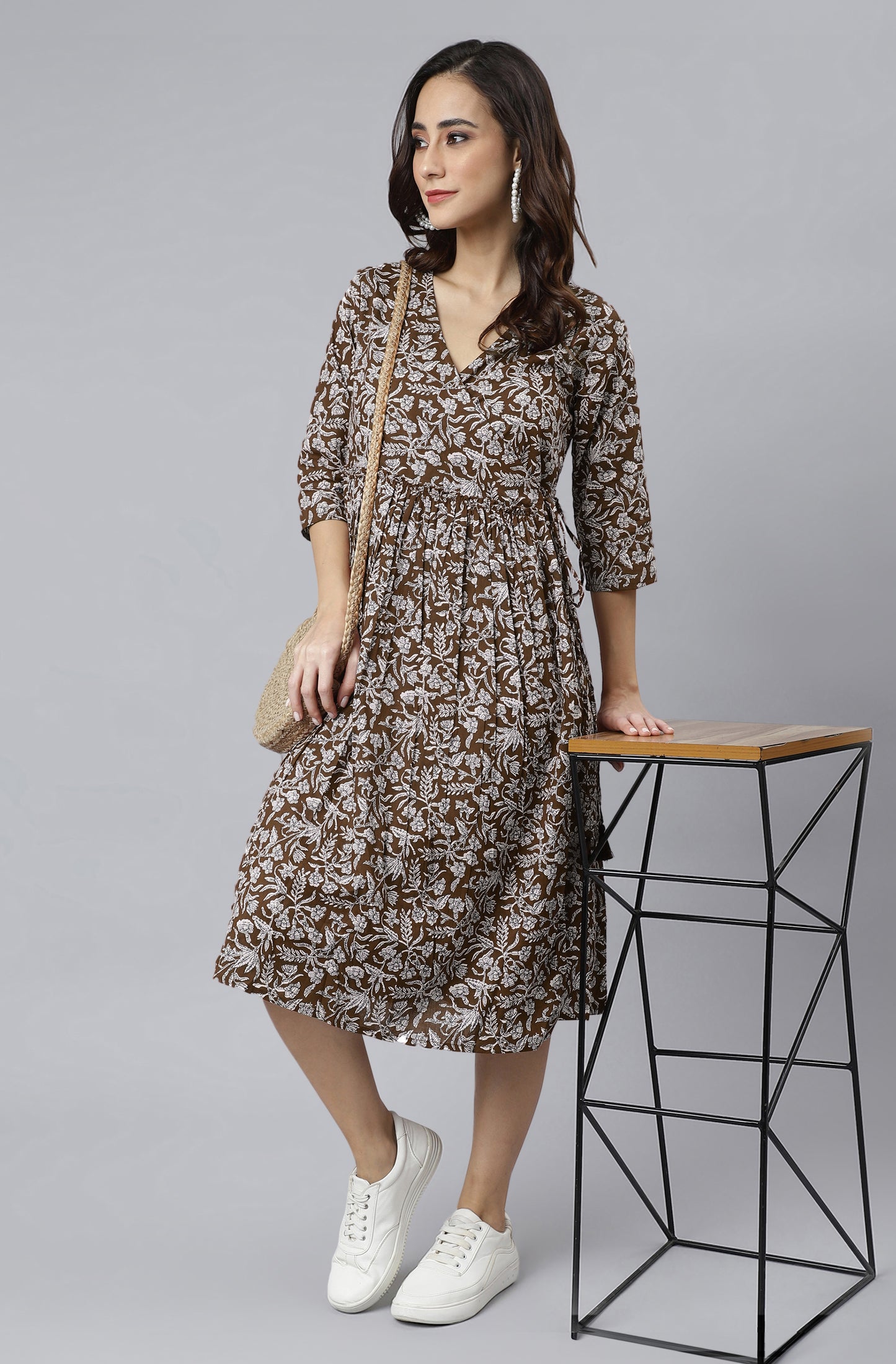 Brown Pure Cotton Floral Printed Angrakha Dress
