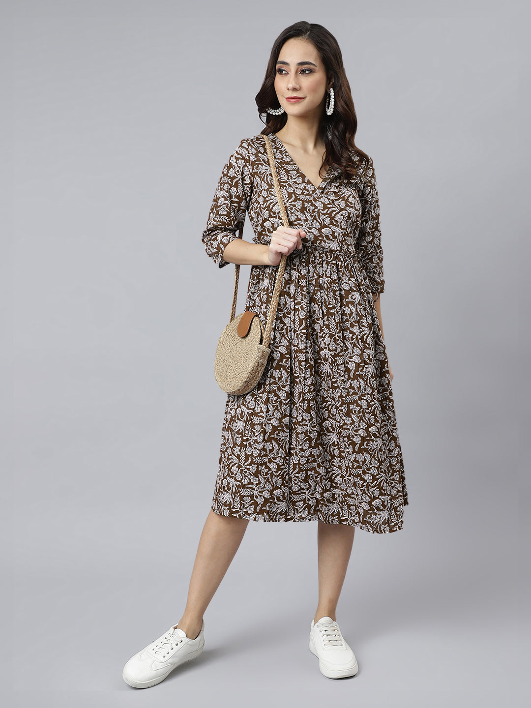 Brown Pure Cotton Floral Printed Angrakha Dress