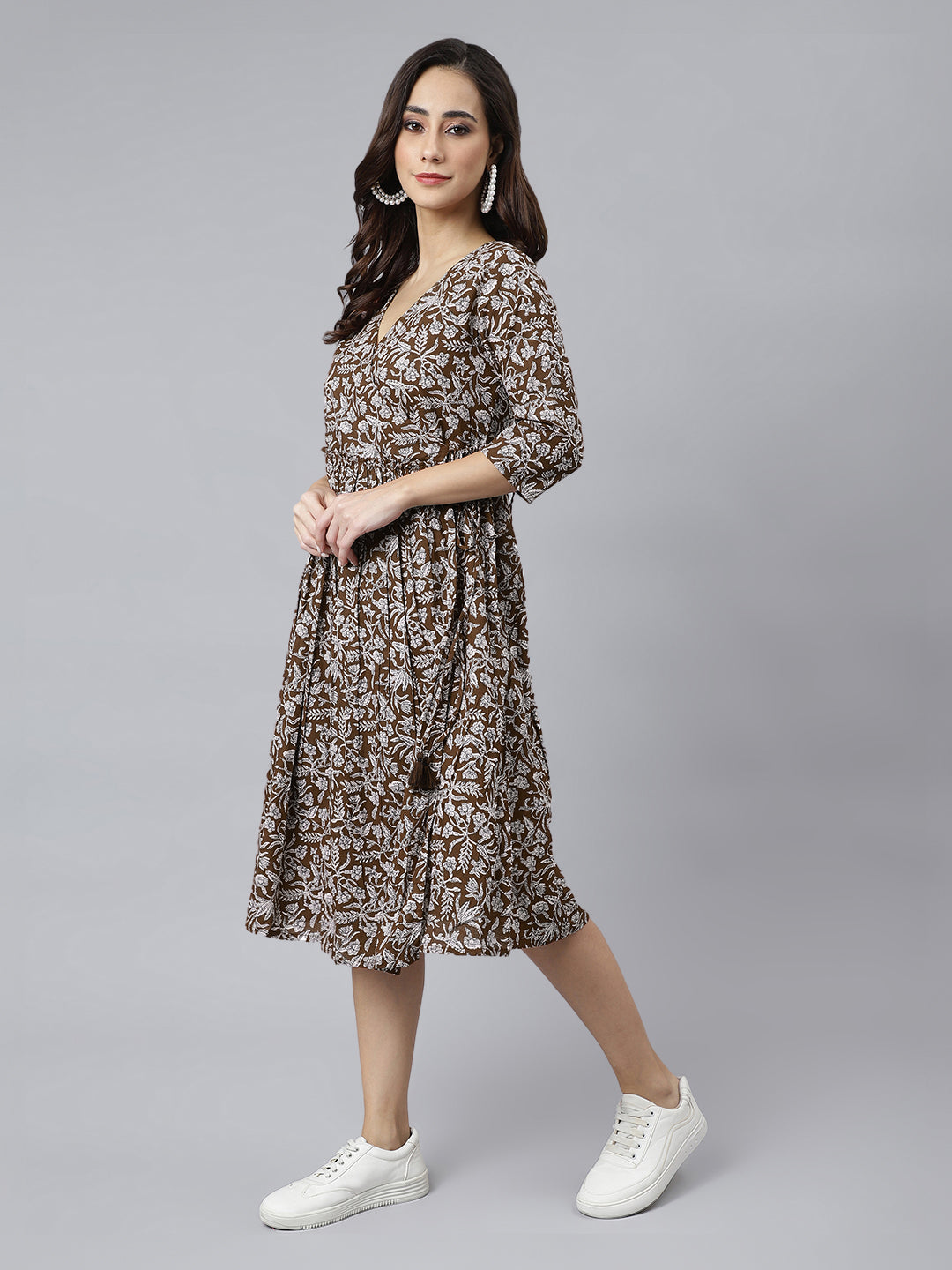 Brown Pure Cotton Floral Printed Angrakha Dress