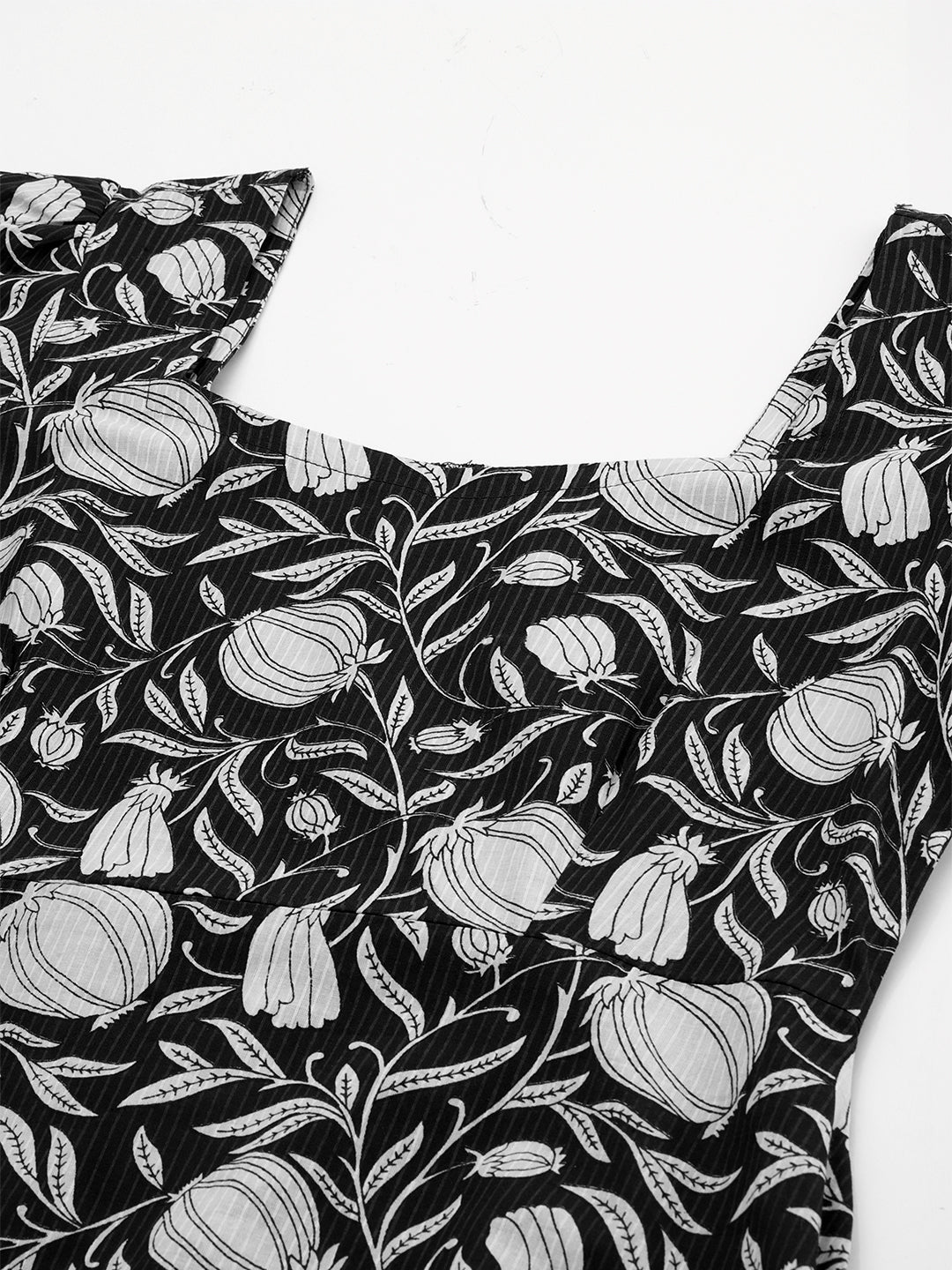 Black Pure Cotton Floral Printed A-Line Dress