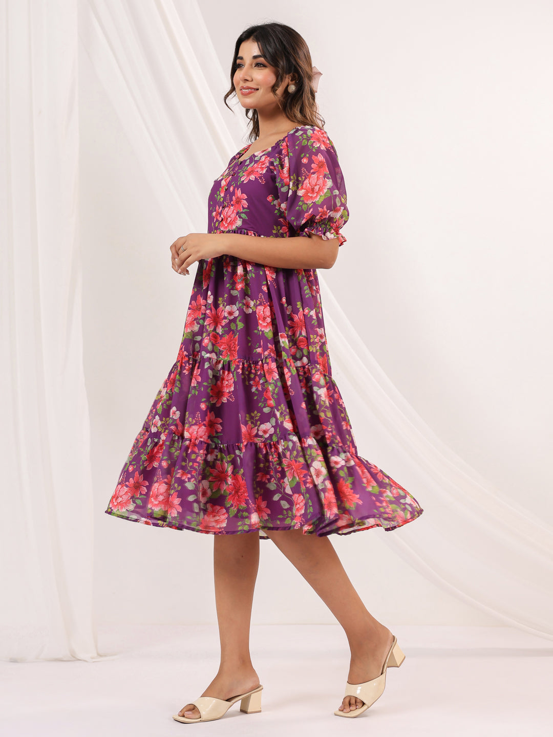 Janasya Women's Purple Georgette Floral Printed Tiered Dress
