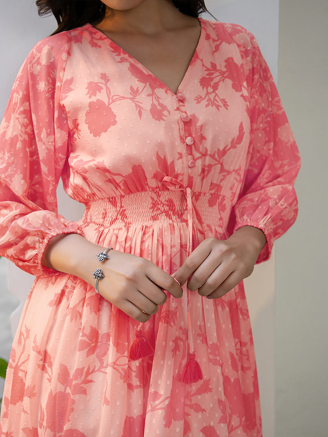 Coral Pink Georgette Floral Printed Fit & Flare Dress