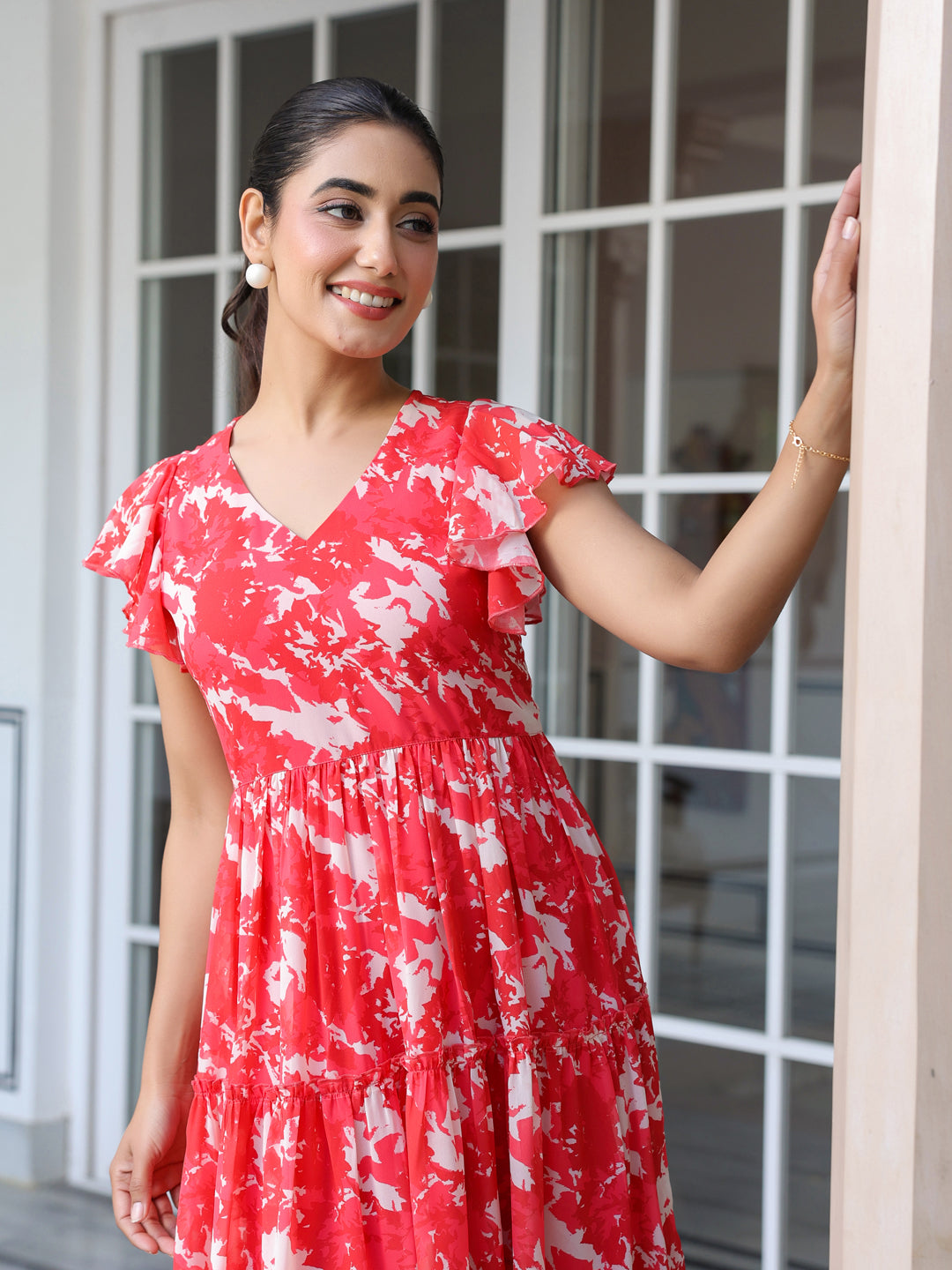 Red Georgette Abstract Printed Tiered Dress